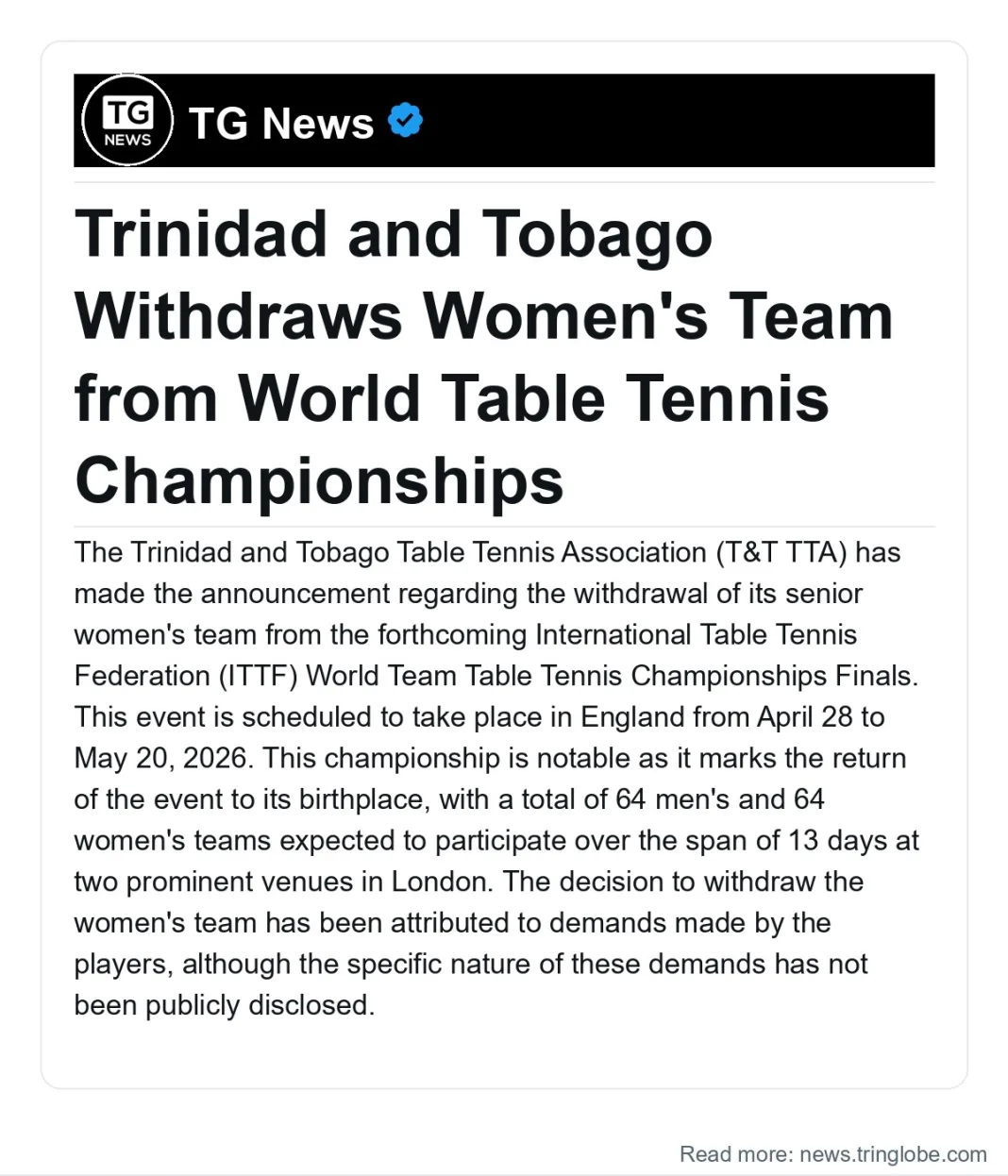 Trinidad and Tobago: Trinidad and Tobago Withdraws Women’s Team from World Table Tennis Championships