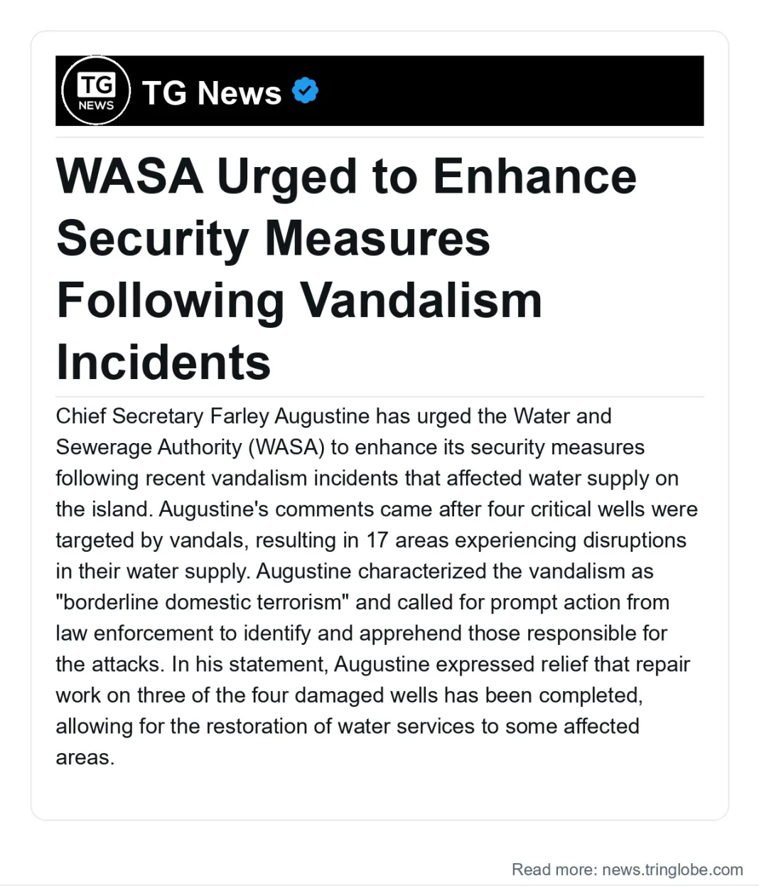 Trinidad and Tobago: WASA Urged to Enhance Security Measures Following Vandalism Incidents