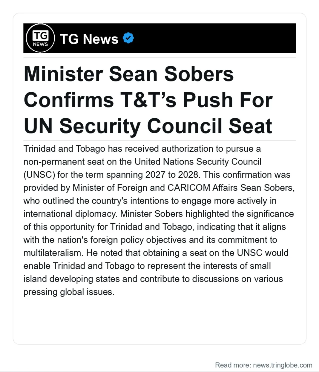 Trinidad and Tobago: Minister Sean Sobers Confirms T&T’s Push For UN Security Council Seat
