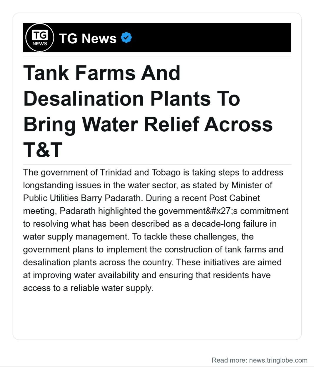 Trinidad and Tobago: Tank Farms And Desalination Plants To Bring Water Relief Across T&T