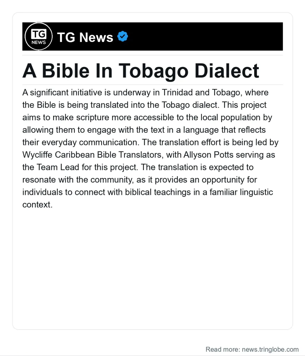 Trinidad and Tobago: A Bible In Tobago Dialect