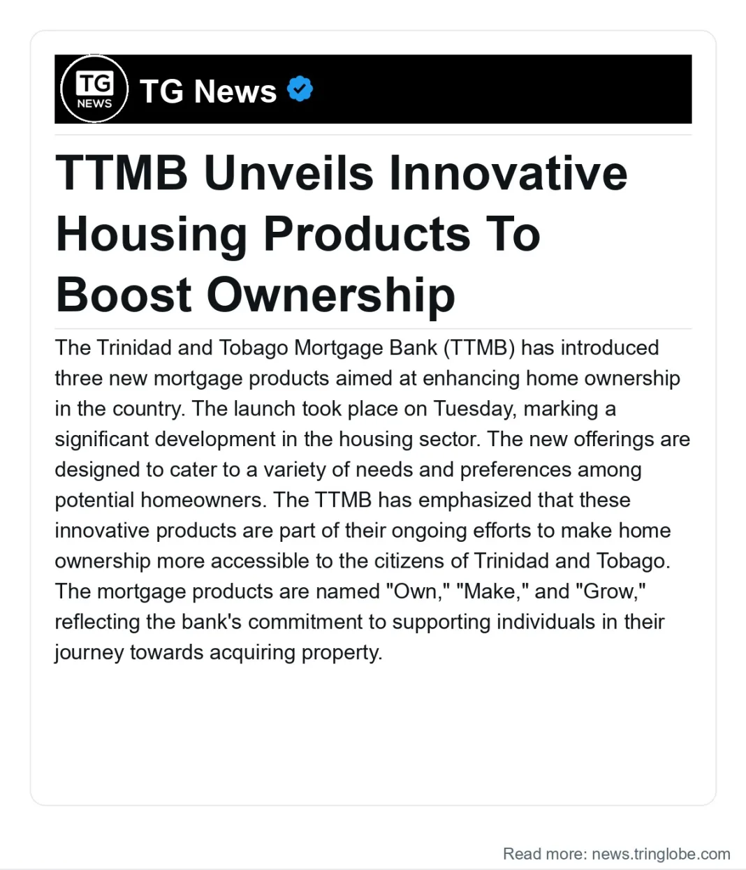 Trinidad and Tobago: TTMB Unveils Innovative Housing Products To Boost Ownership