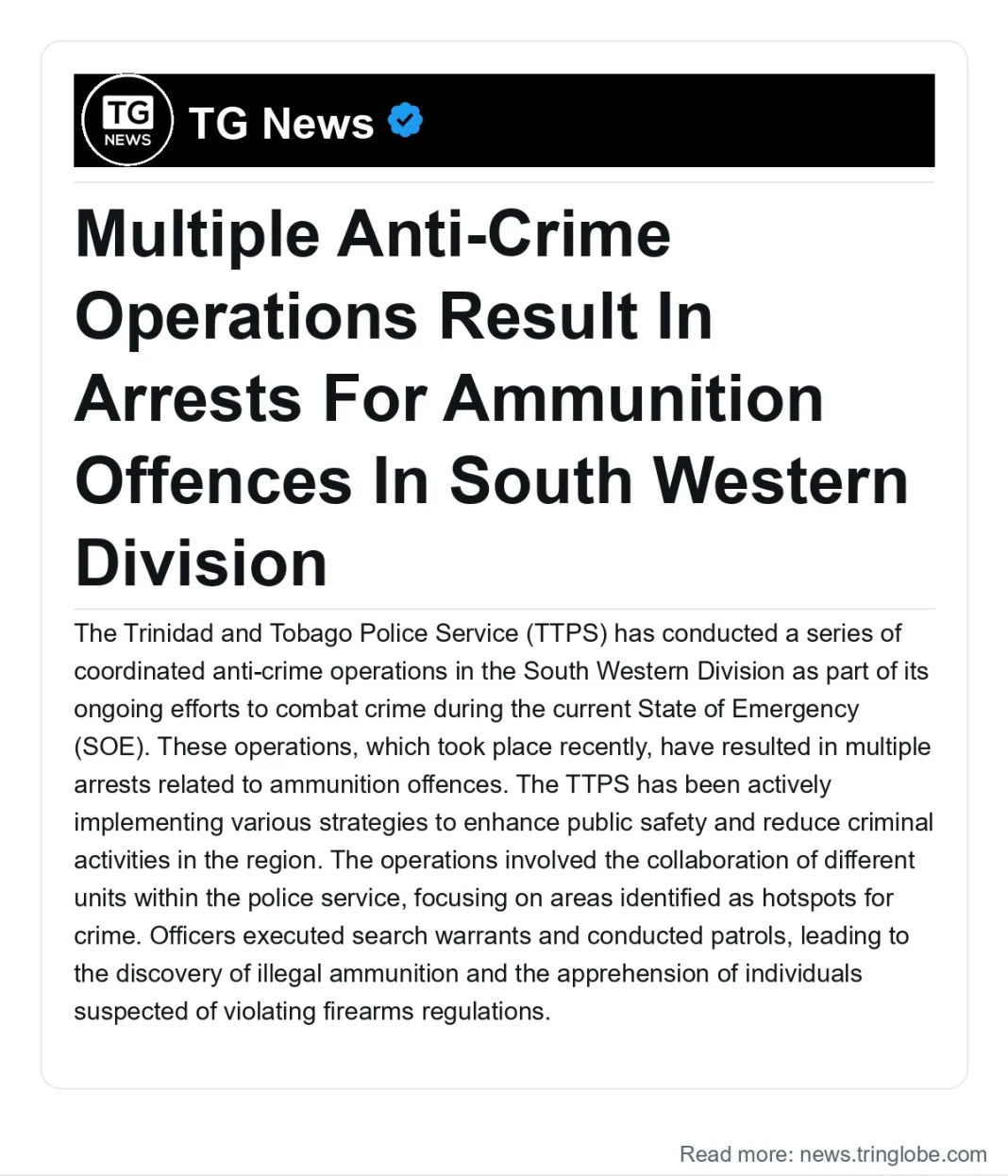 Trinidad and Tobago: Multiple Anti-Crime Operations Result In Arrests For Ammunition Offences In South Western Division