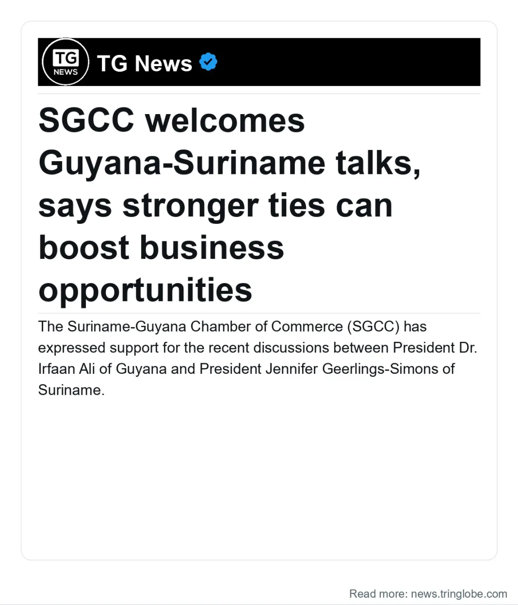 Guyana: SGCC welcomes Guyana-Suriname talks, says stronger ties can boost business opportunities