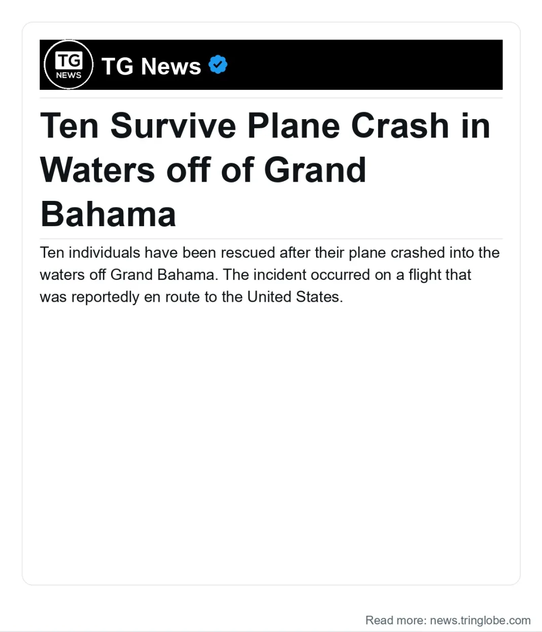 Bahamas: Ten Survive Plane Crash in Waters off of Grand Bahama