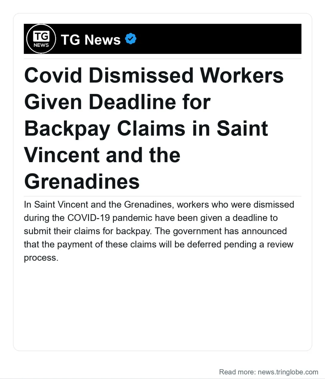 Saint Vincent and the Grenadines: Covid Dismissed Workers Given Deadline for Backpay Claims in Saint Vincent and the Grenadines