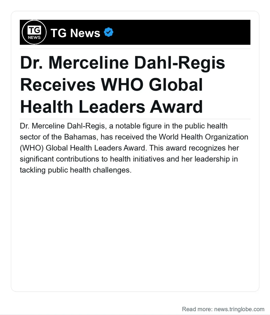Bahamas: Dr. Merceline Dahl-Regis Receives WHO Global Health Leaders Award