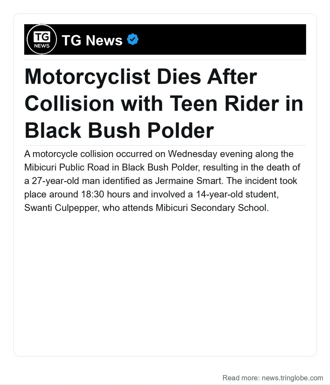Guyana: Motorcyclist Dies After Collision with Teen Rider in Black Bush Polder