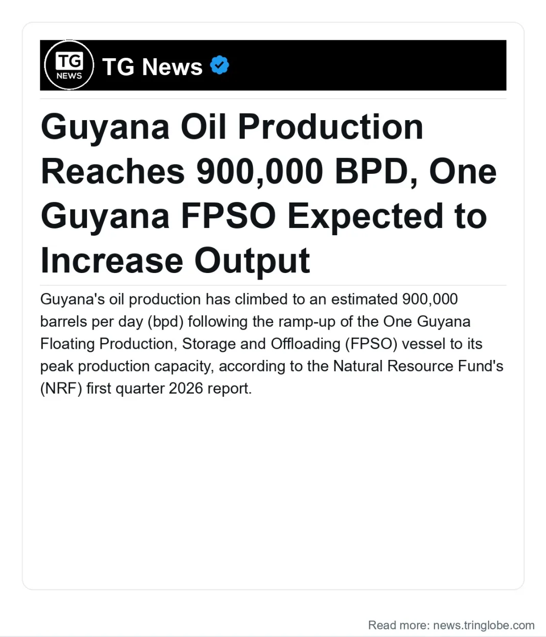 Guyana: Guyana Oil Production Reaches 900,000 BPD, One Guyana FPSO Expected to Increase Output