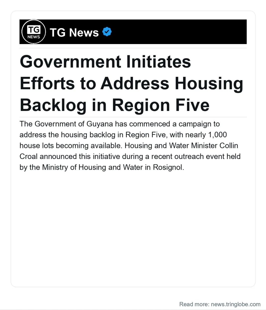 Guyana: Government Initiates Efforts to Address Housing Backlog in Region Five