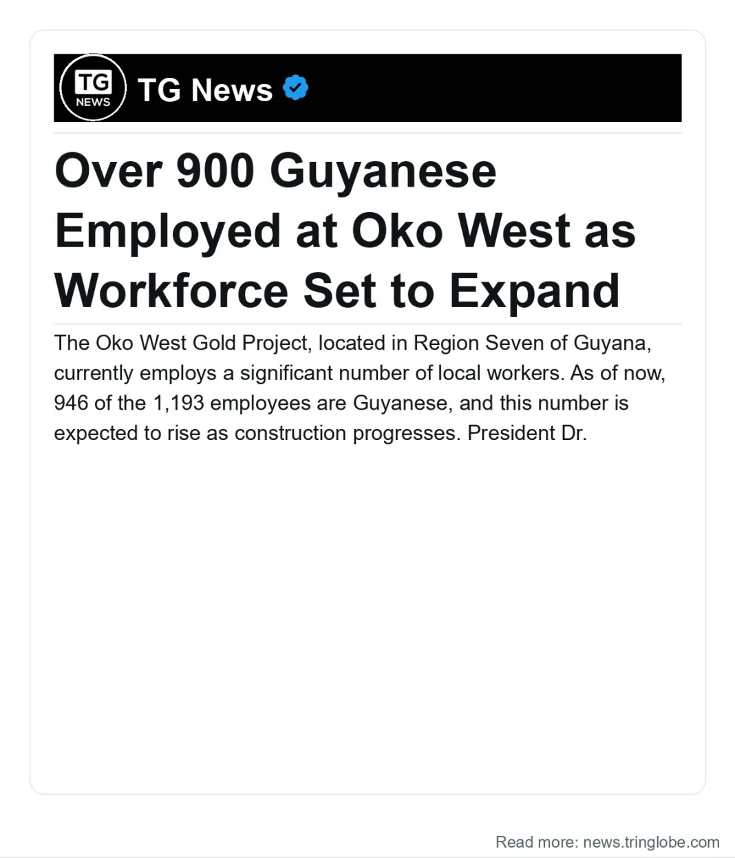 Guyana: Over 900 Guyanese Employed at Oko West as Workforce Set to Expand