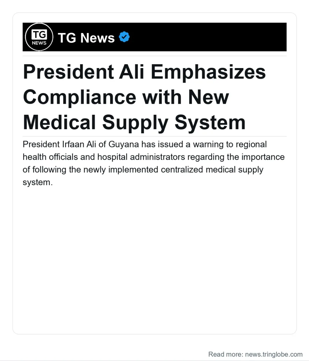 Guyana: President Ali Emphasizes Compliance with New Medical Supply System