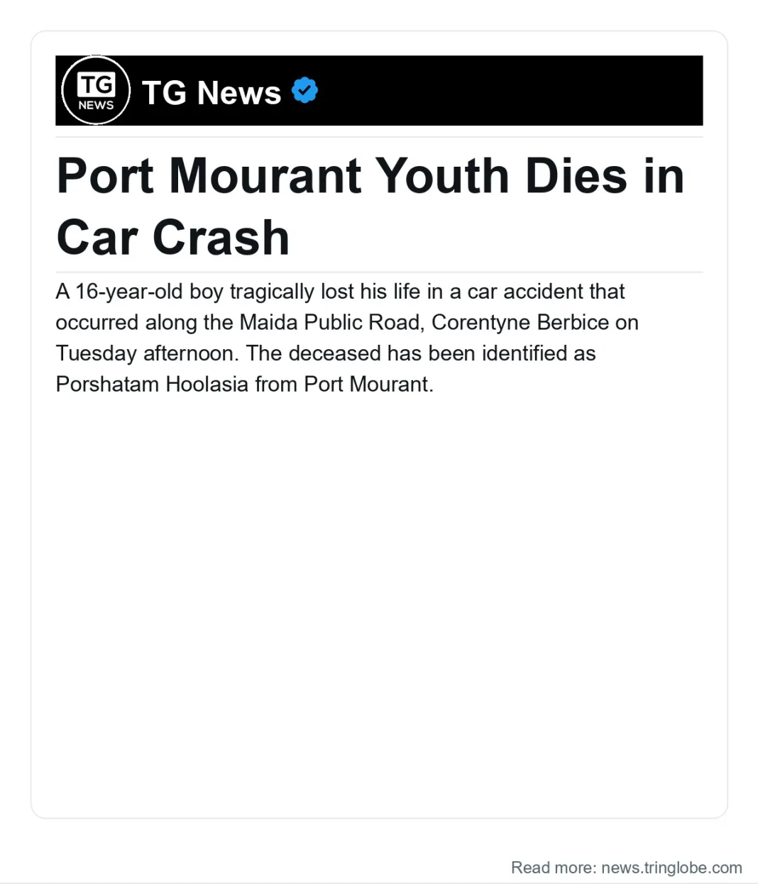 Guyana: Port Mourant Youth Dies in Car Crash