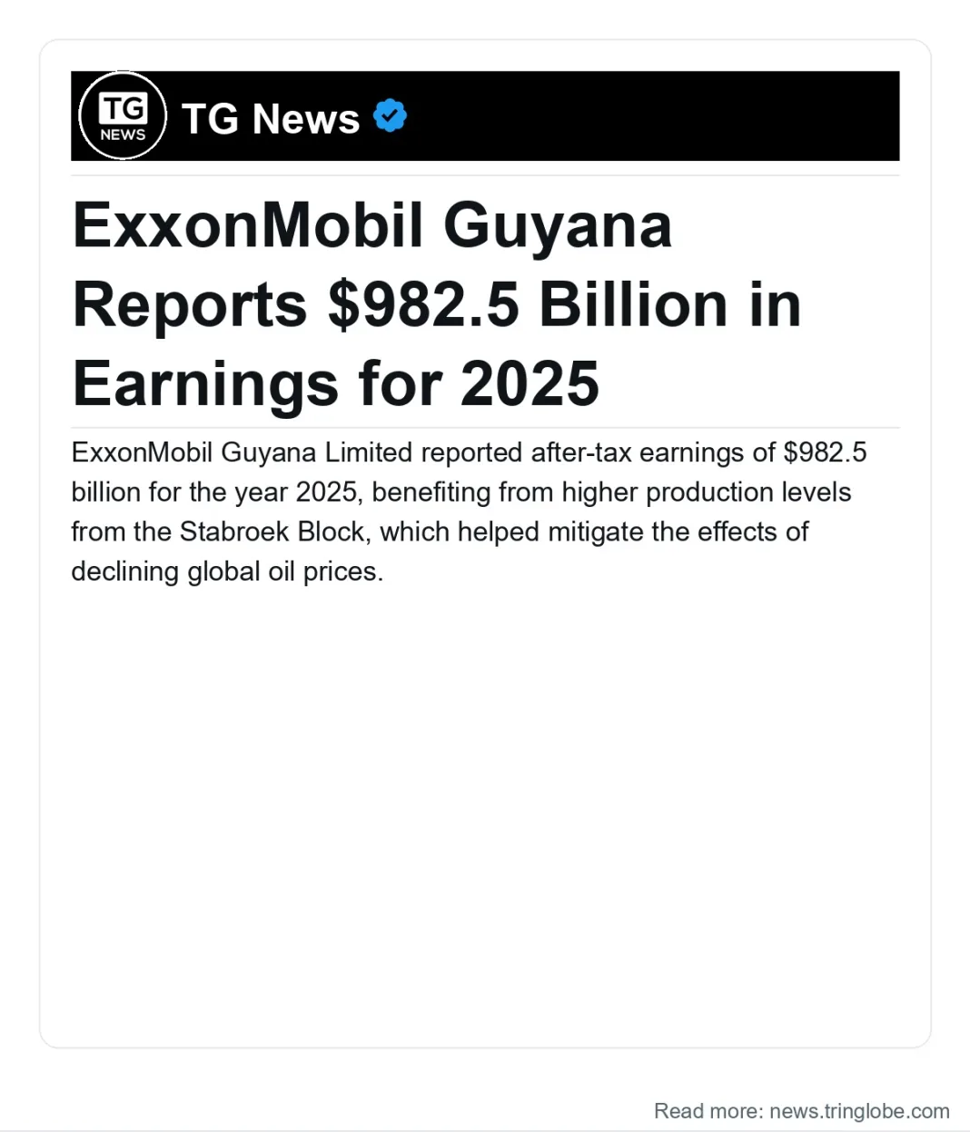 Guyana: ExxonMobil Guyana Reports $982.5 Billion in Earnings for 2025
