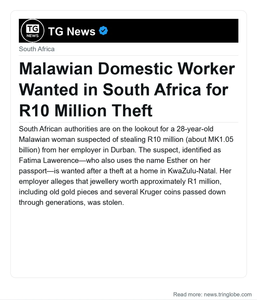 Malawian Domestic Worker Wanted in South Africa for R10 Million Theft
