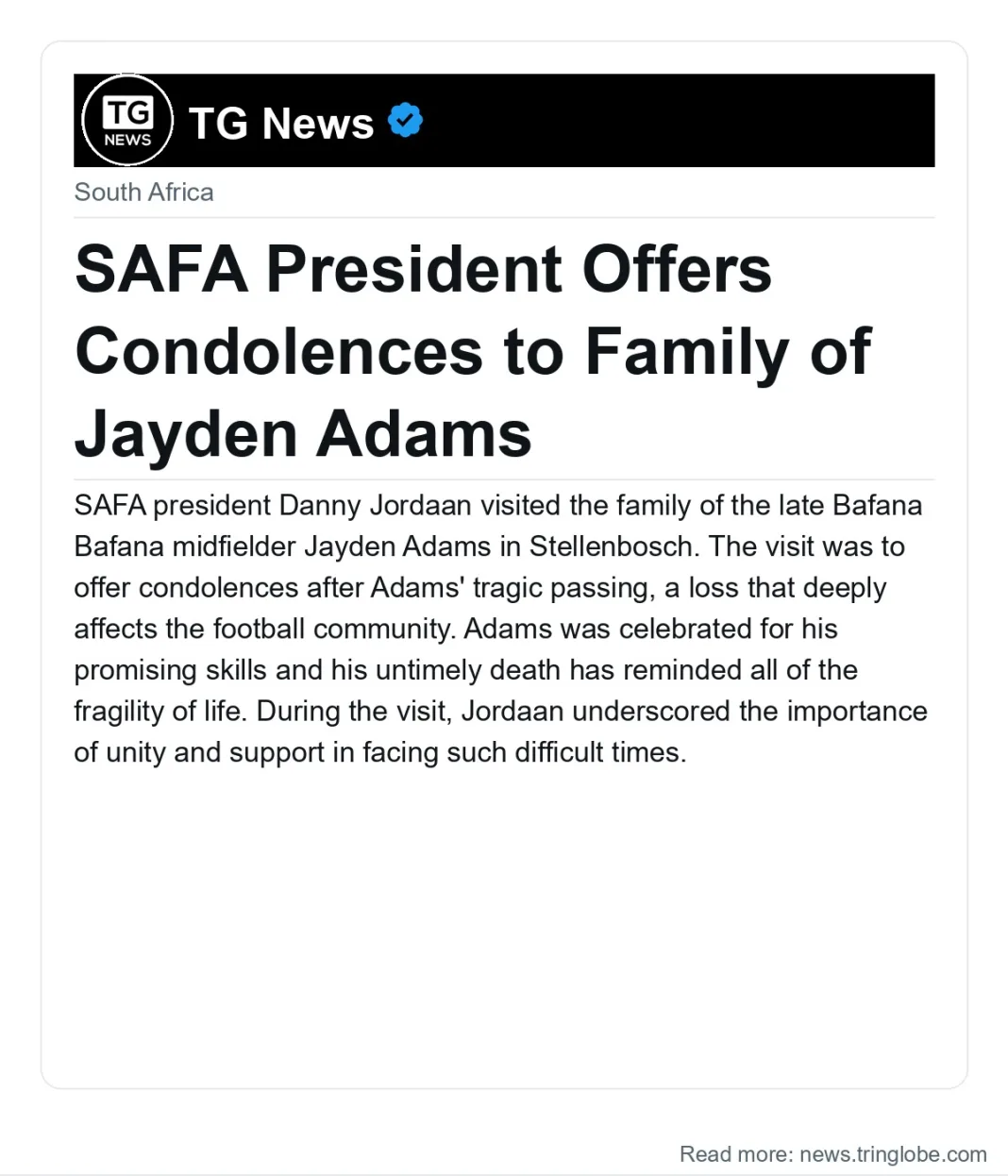 SAFA President Offers Condolences to Family of Jayden Adams