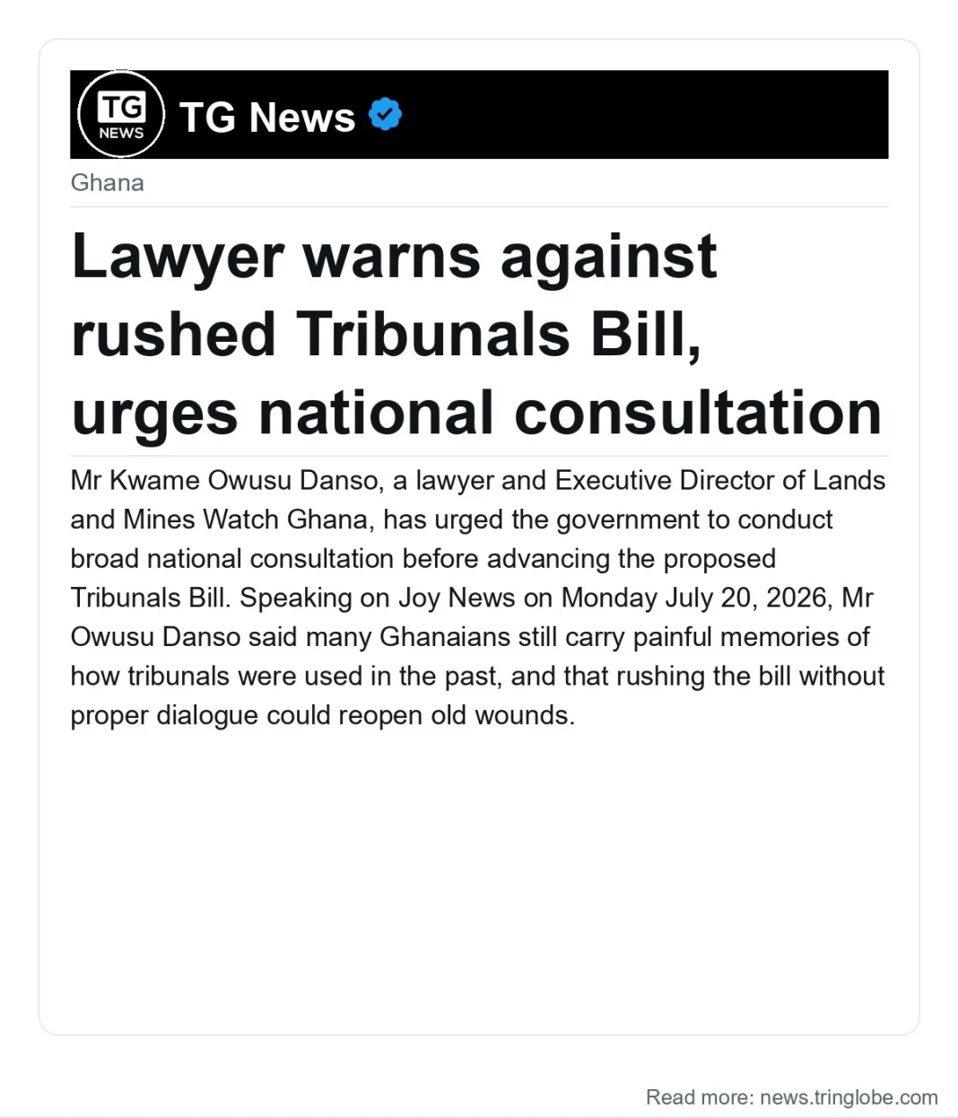 Lawyer warns against rushed Tribunals Bill, urges national consultation