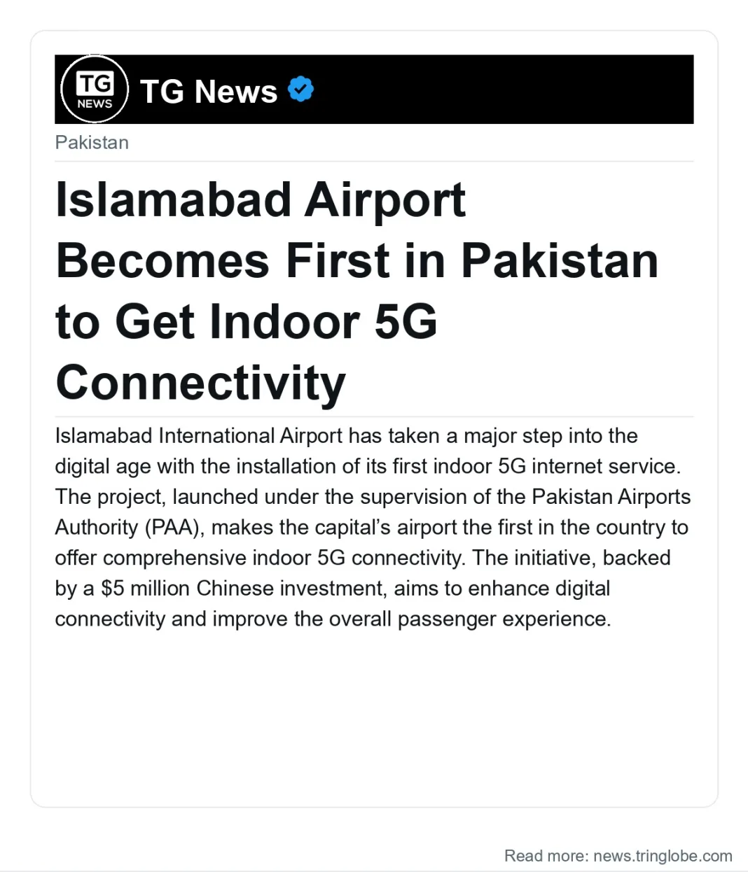 Islamabad Airport Becomes First in Pakistan to Get Indoor 5G Connectivity