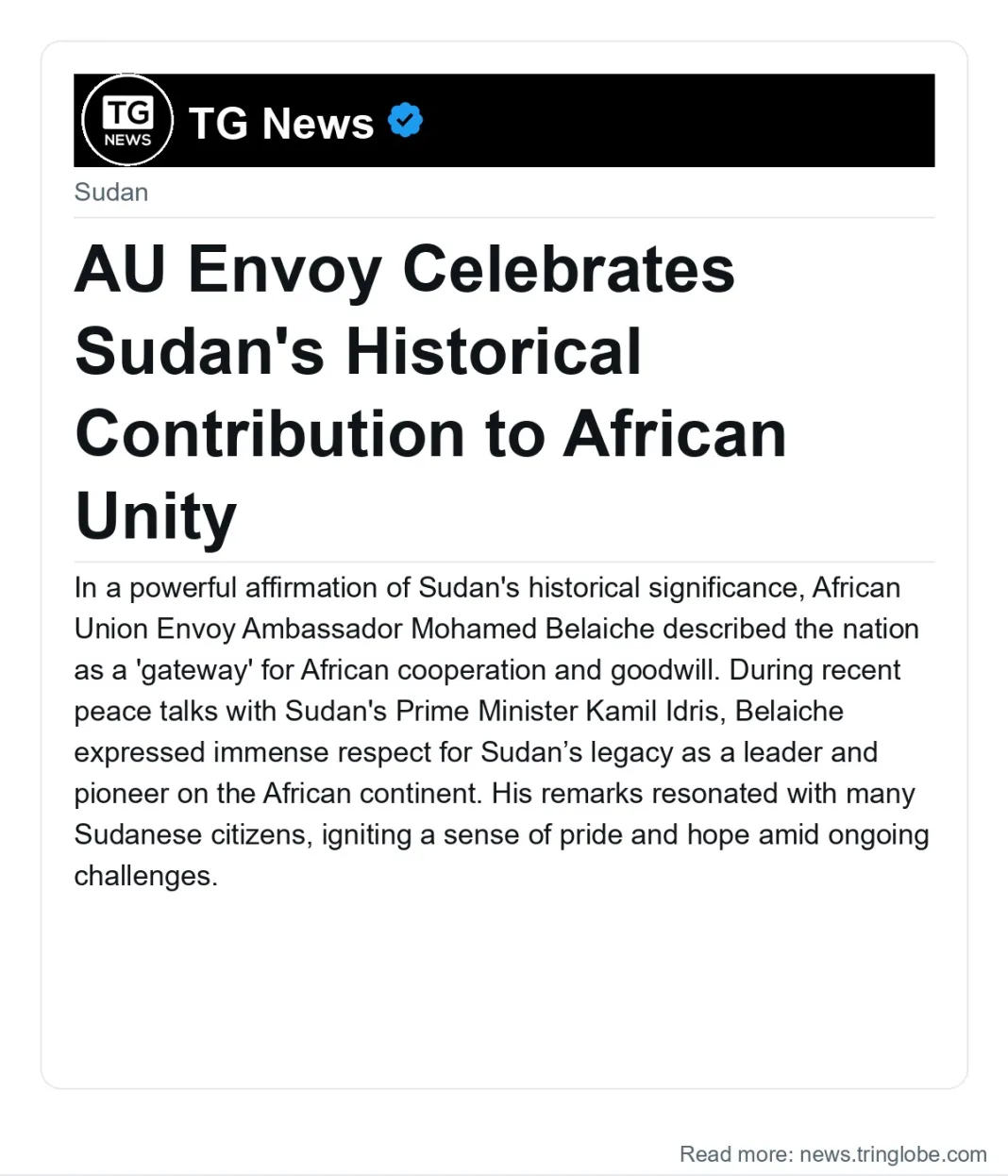 AU Envoy Celebrates Sudan’s Historical Contribution to African Unity