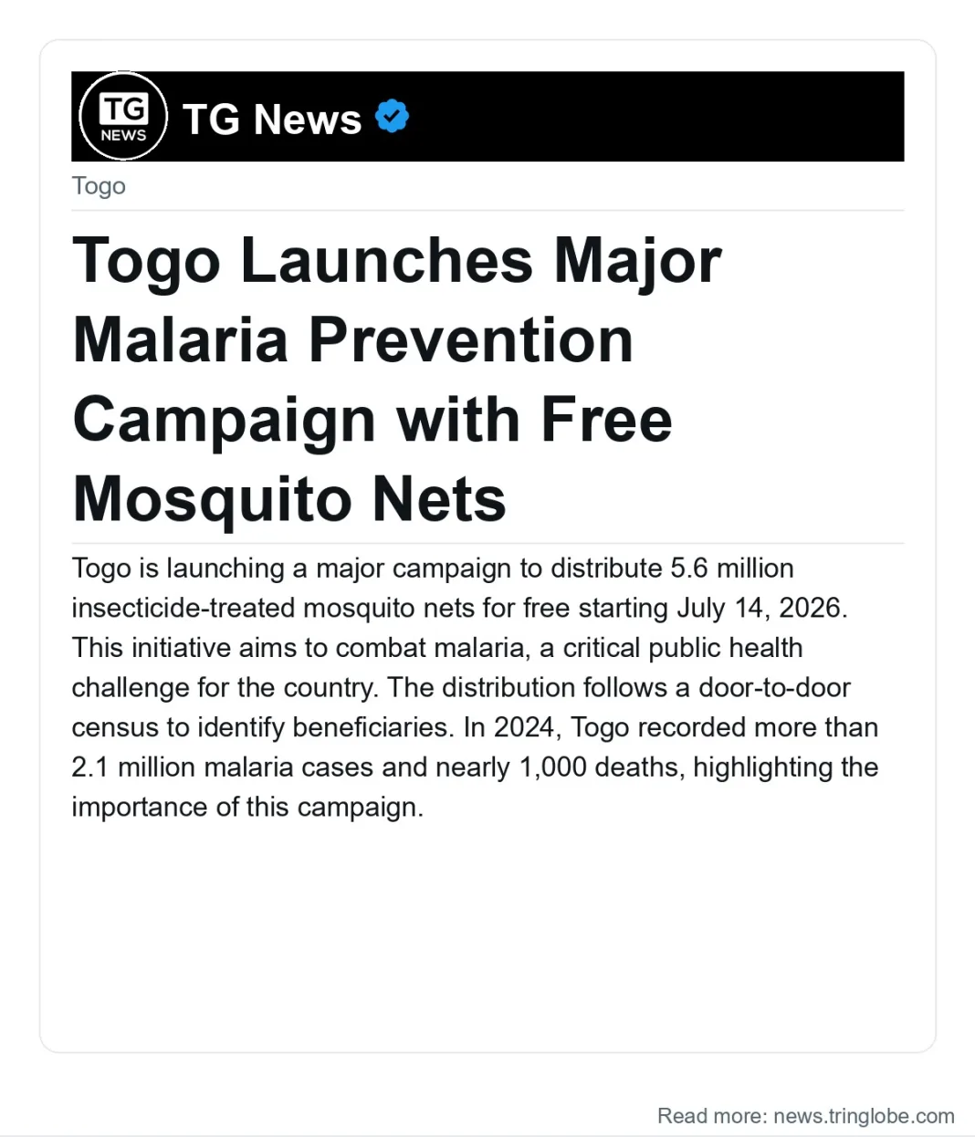 Togo Launches Major Malaria Prevention Campaign with Free Mosquito Nets
