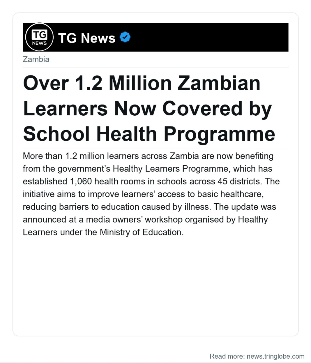 Over 1.2 Million Zambian Learners Now Covered by School Health Programme