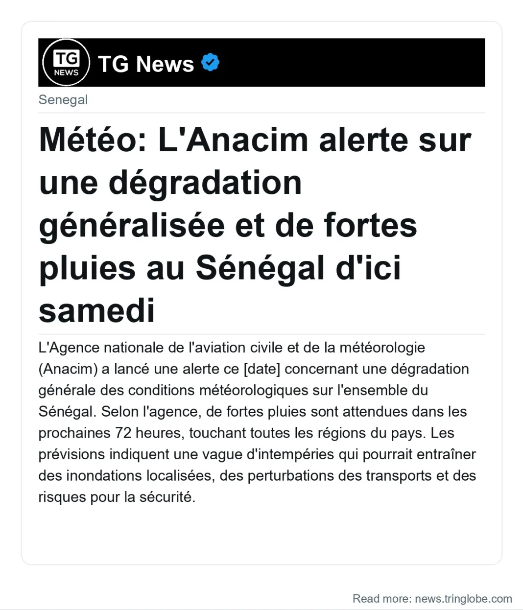 Météo: L’Anacim alerte sur une dégradation généralisée et de fortes pluies au Sénégal d’ici samedi