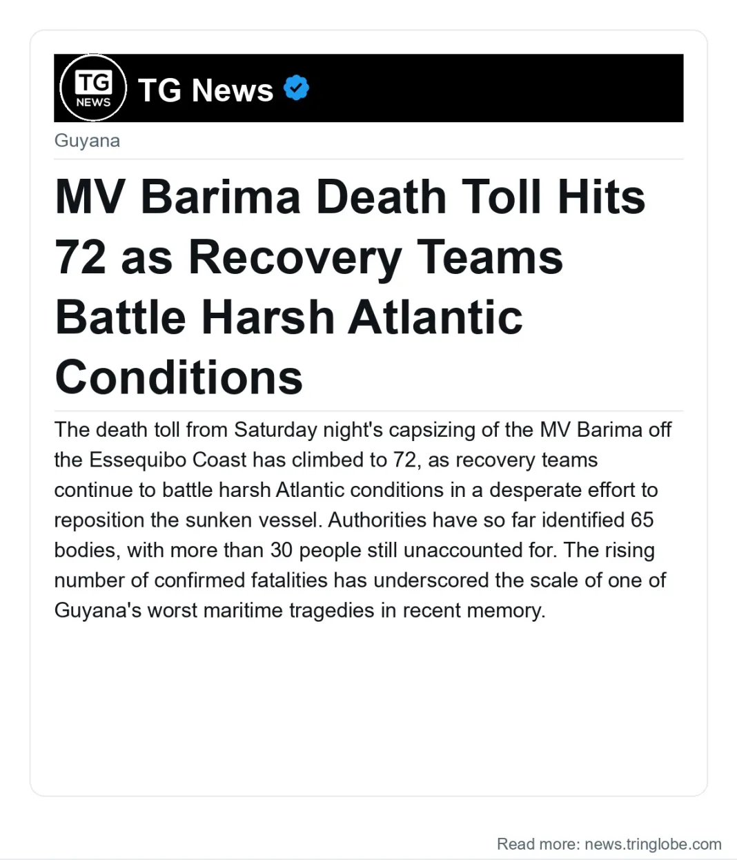 MV Barima Death Toll Hits 72 as Recovery Teams Battle Harsh Atlantic Conditions