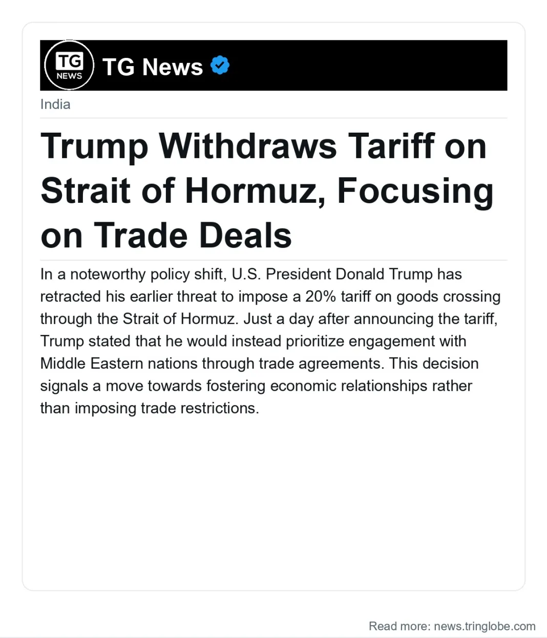 Trump Withdraws Tariff on Strait of Hormuz, Focusing on Trade Deals