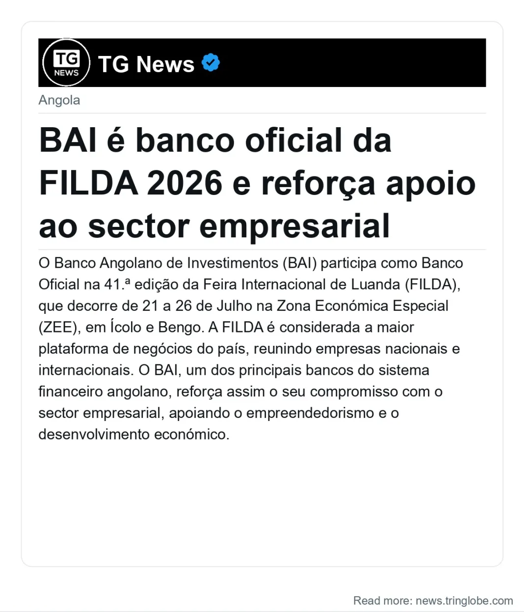 BAI é banco oficial da FILDA 2026 e reforça apoio ao sector empresarial
