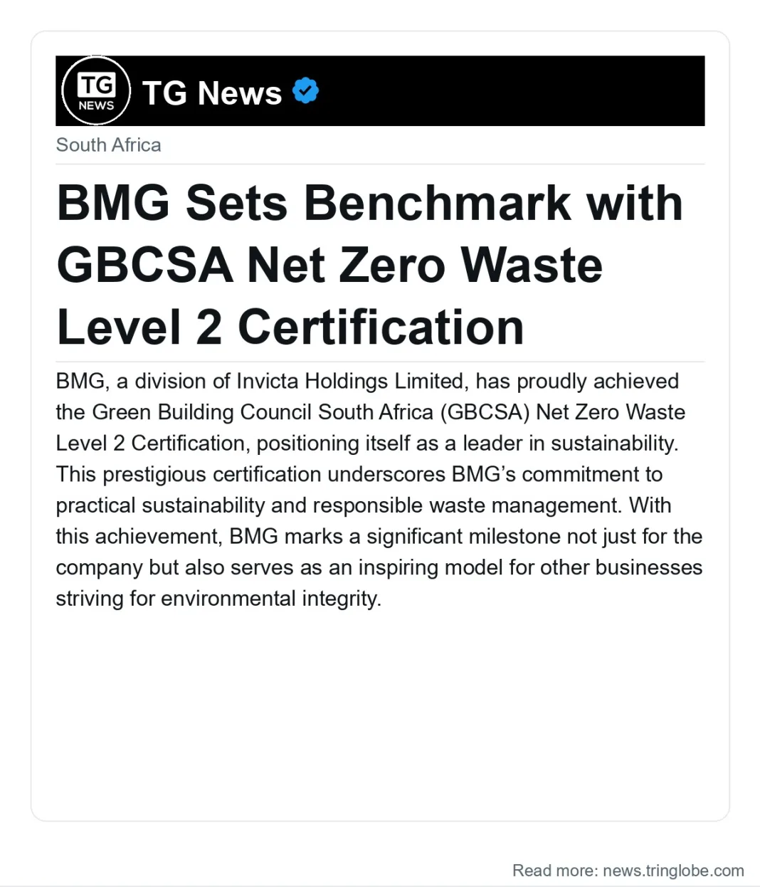 BMG Sets Benchmark with GBCSA Net Zero Waste Level 2 Certification