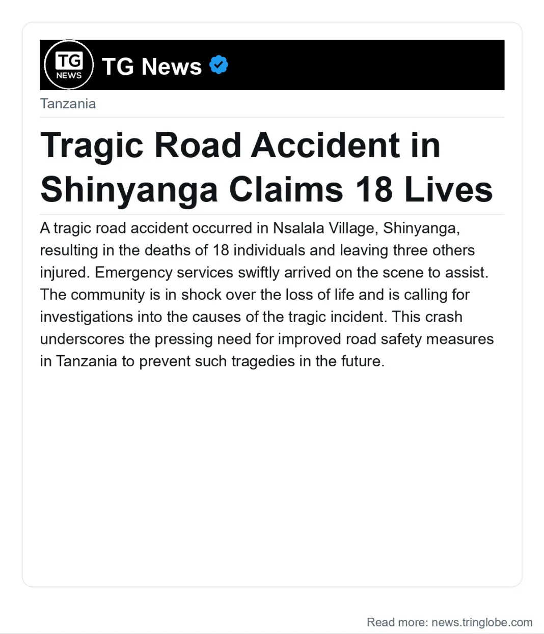 Tragic Road Accident in Shinyanga Claims 18 Lives