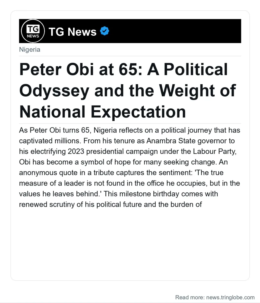 Peter Obi at 65: A Political Odyssey and the Weight of National Expectation