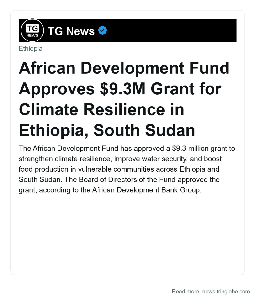 African Development Fund Approves $9.3M Grant for Climate Resilience in Ethiopia, South Sudan