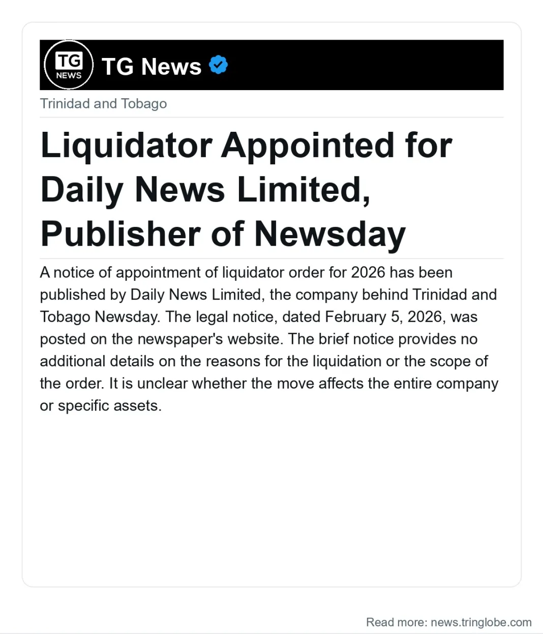 Liquidator Appointed for Daily News Limited, Publisher of Newsday