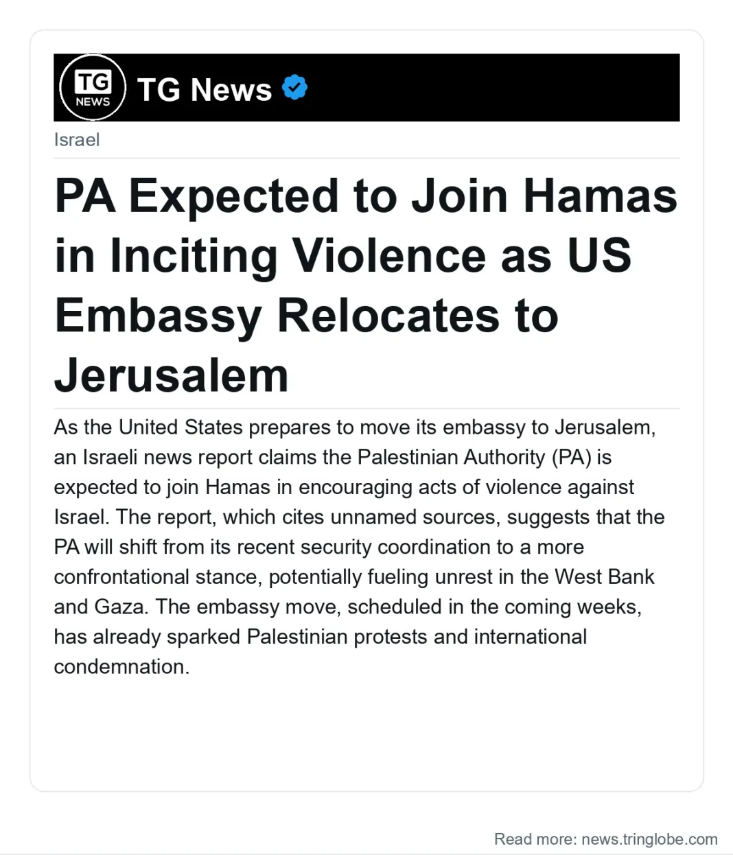 PA Expected to Join Hamas in Inciting Violence as US Embassy Relocates to Jerusalem