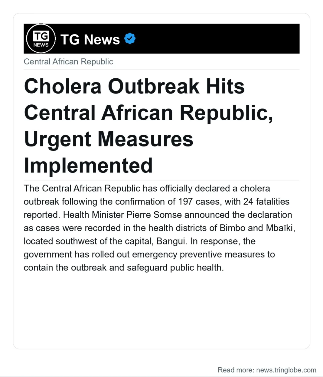 Cholera Outbreak Hits Central African Republic, Urgent Measures Implemented
