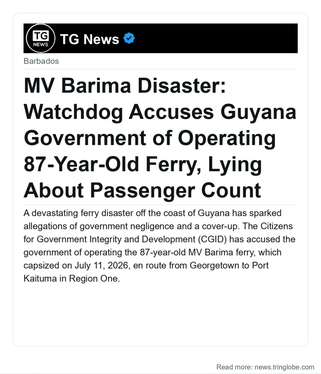 MV Barima Disaster: Watchdog Accuses Guyana Government of Operating 87-Year-Old Ferry, Lying About Passenger Count