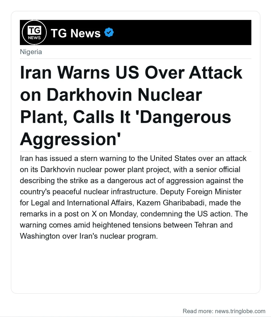 Iran Warns US Over Attack on Darkhovin Nuclear Plant, Calls It ‘Dangerous Aggression’