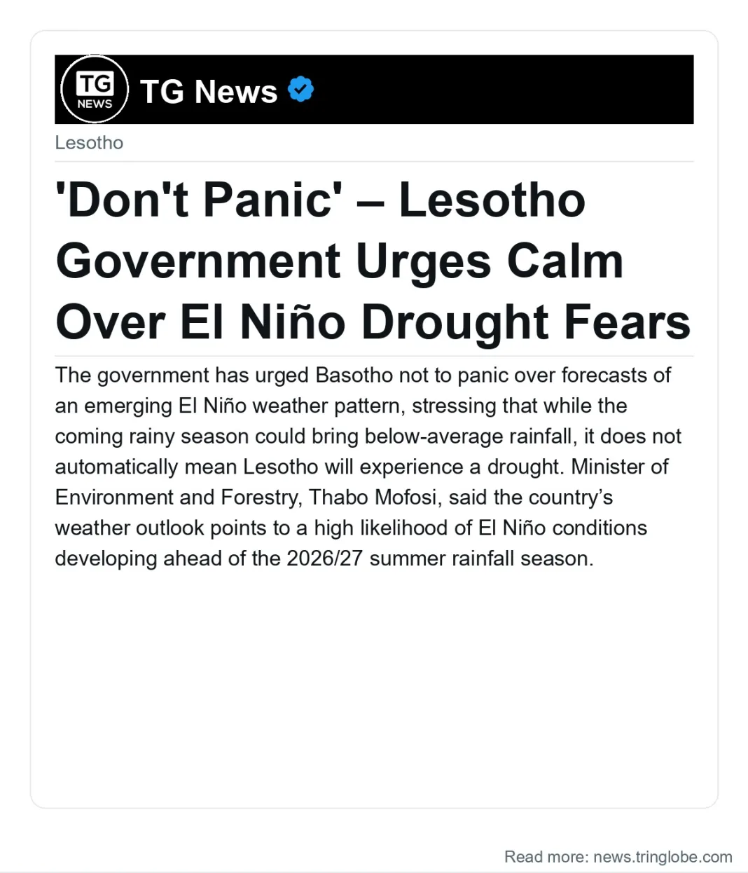 ‘Don’t Panic’ – Lesotho Government Urges Calm Over El Niño Drought Fears