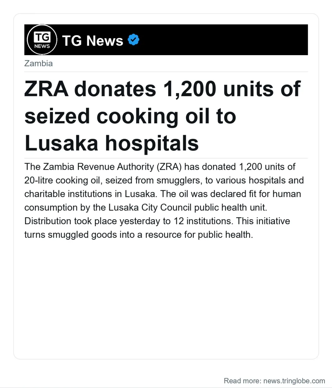 ZRA donates 1,200 units of seized cooking oil to Lusaka hospitals