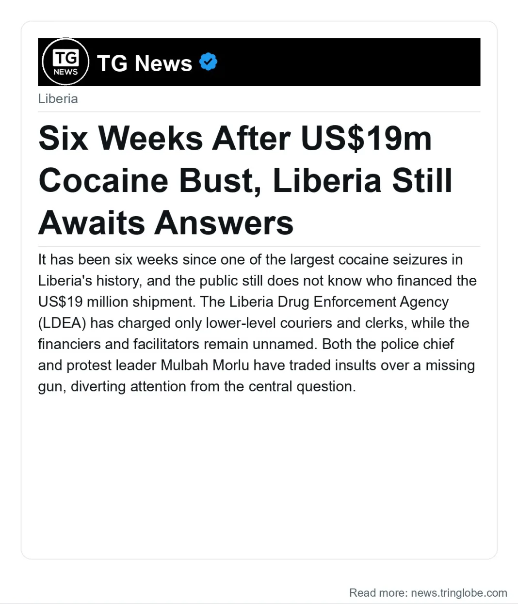 Six Weeks After US$19m Cocaine Bust, Liberia Still Awaits Answers