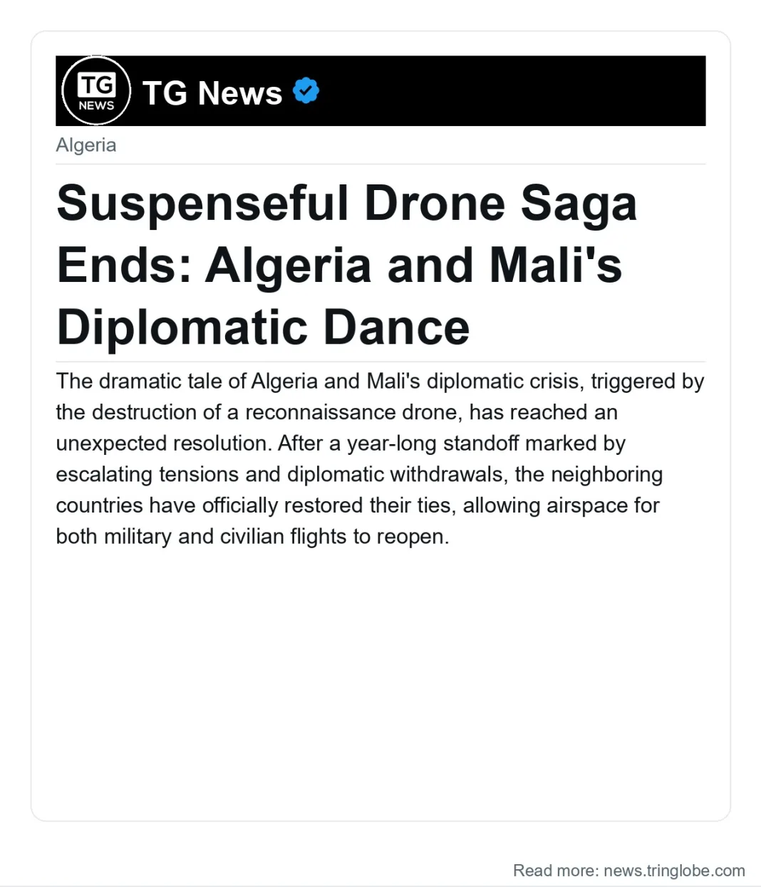 Suspenseful Drone Saga Ends: Algeria and Mali’s Diplomatic Dance