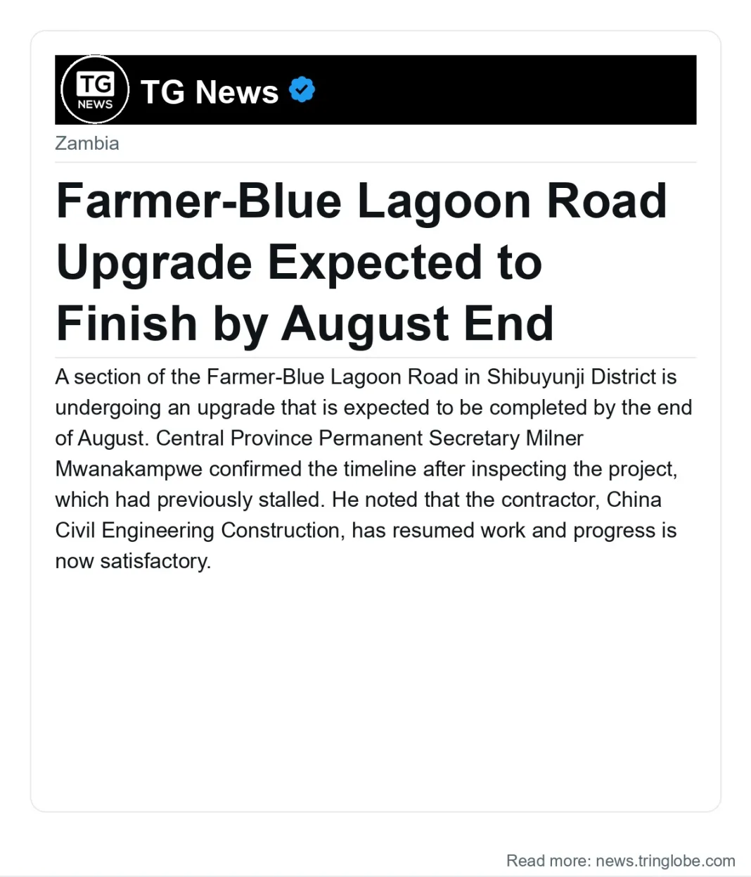 Farmer-Blue Lagoon Road Upgrade Expected to Finish by August End