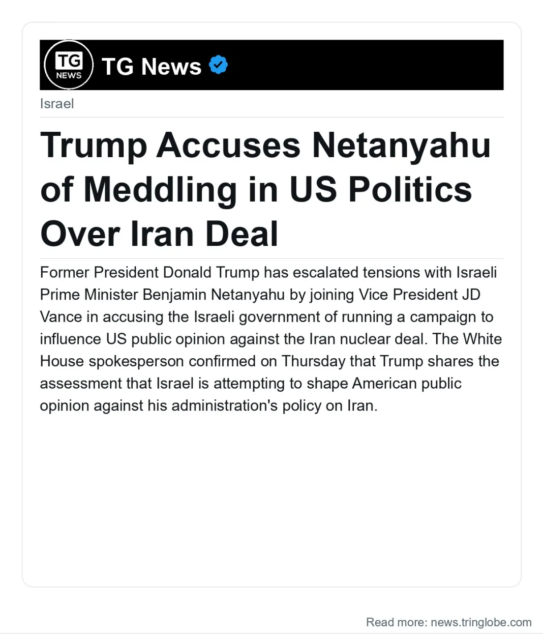 Trump Accuses Netanyahu of Meddling in US Politics Over Iran Deal