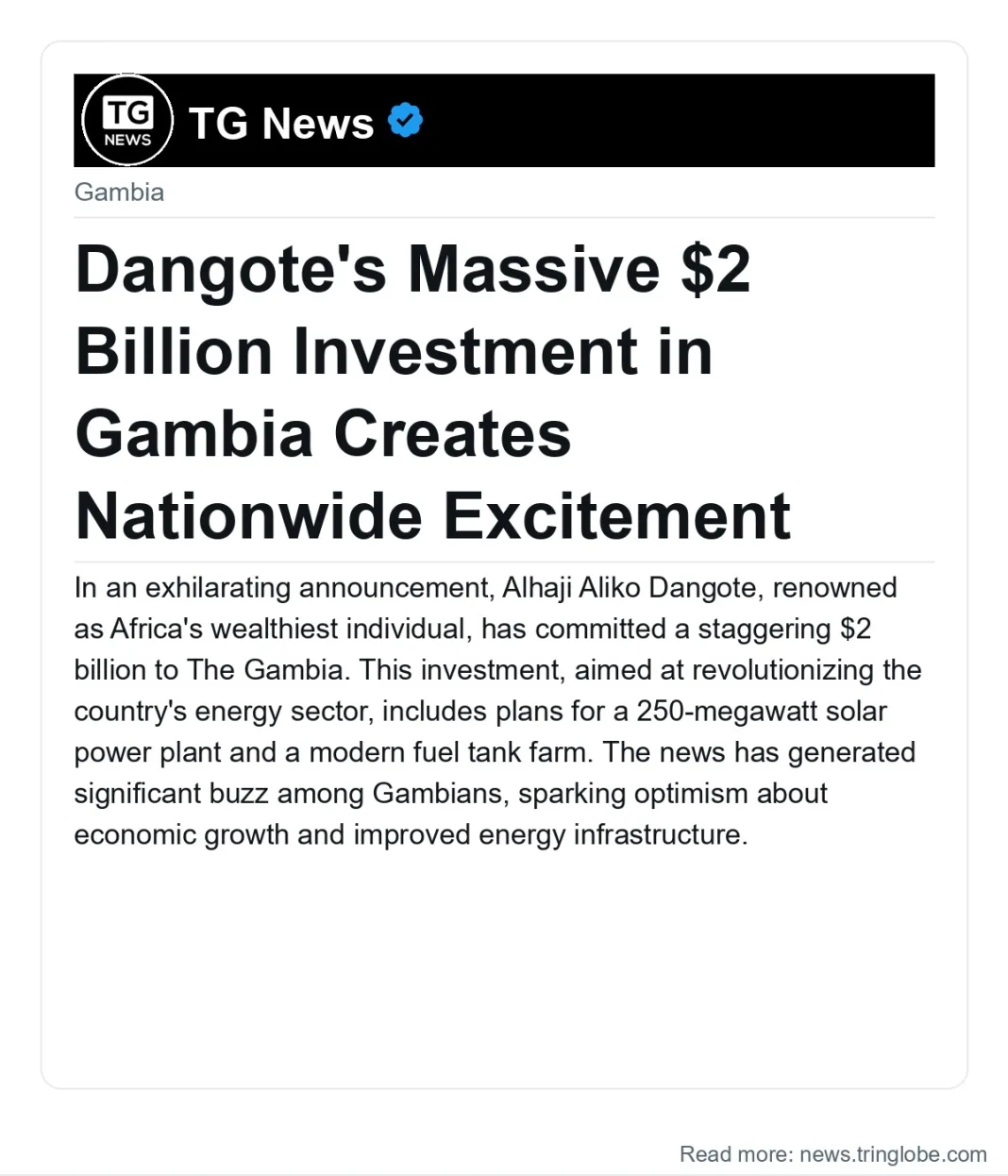 Dangote’s Massive $2 Billion Investment in Gambia Creates Nationwide Excitement