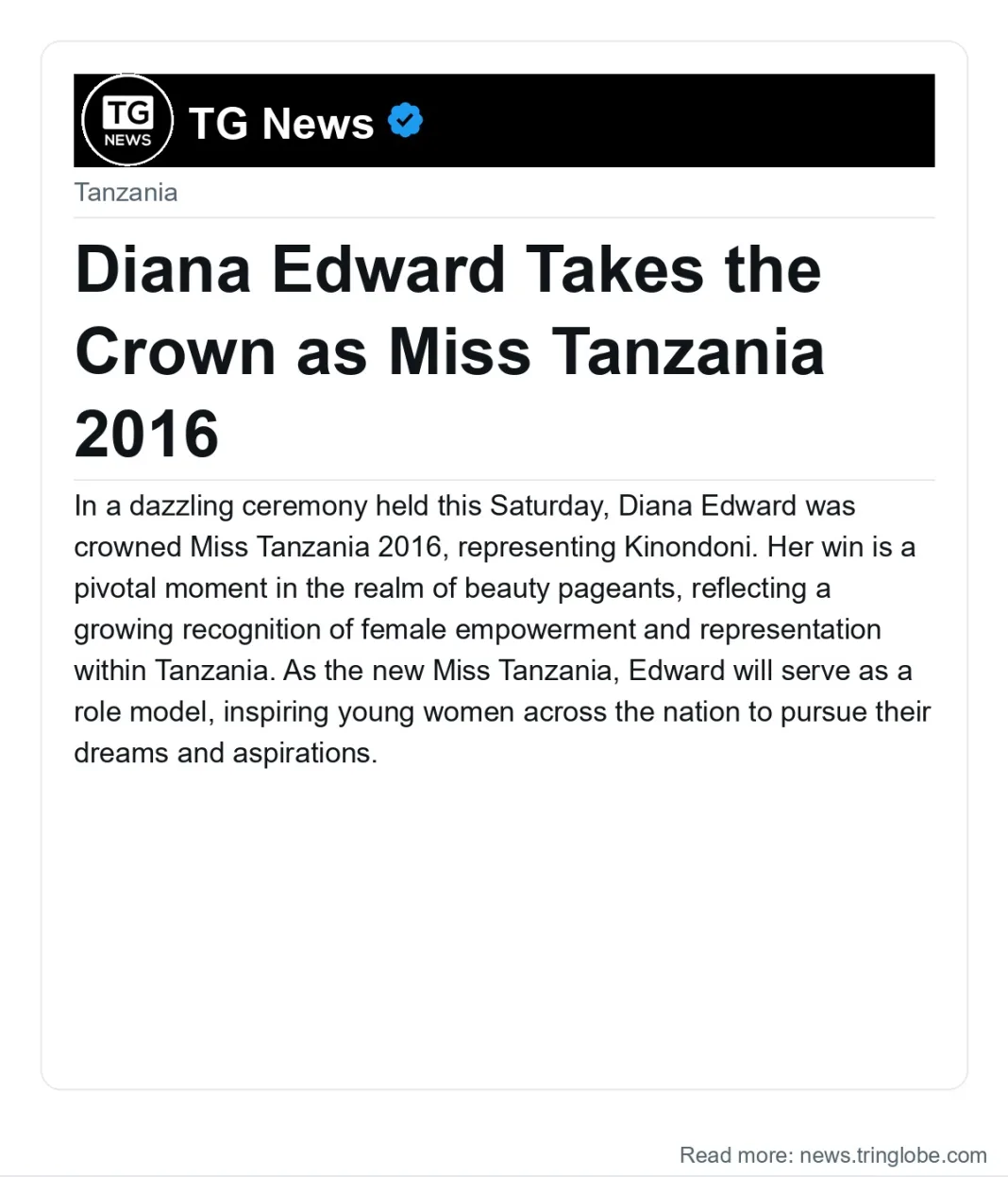 Diana Edward Takes the Crown as Miss Tanzania 2016