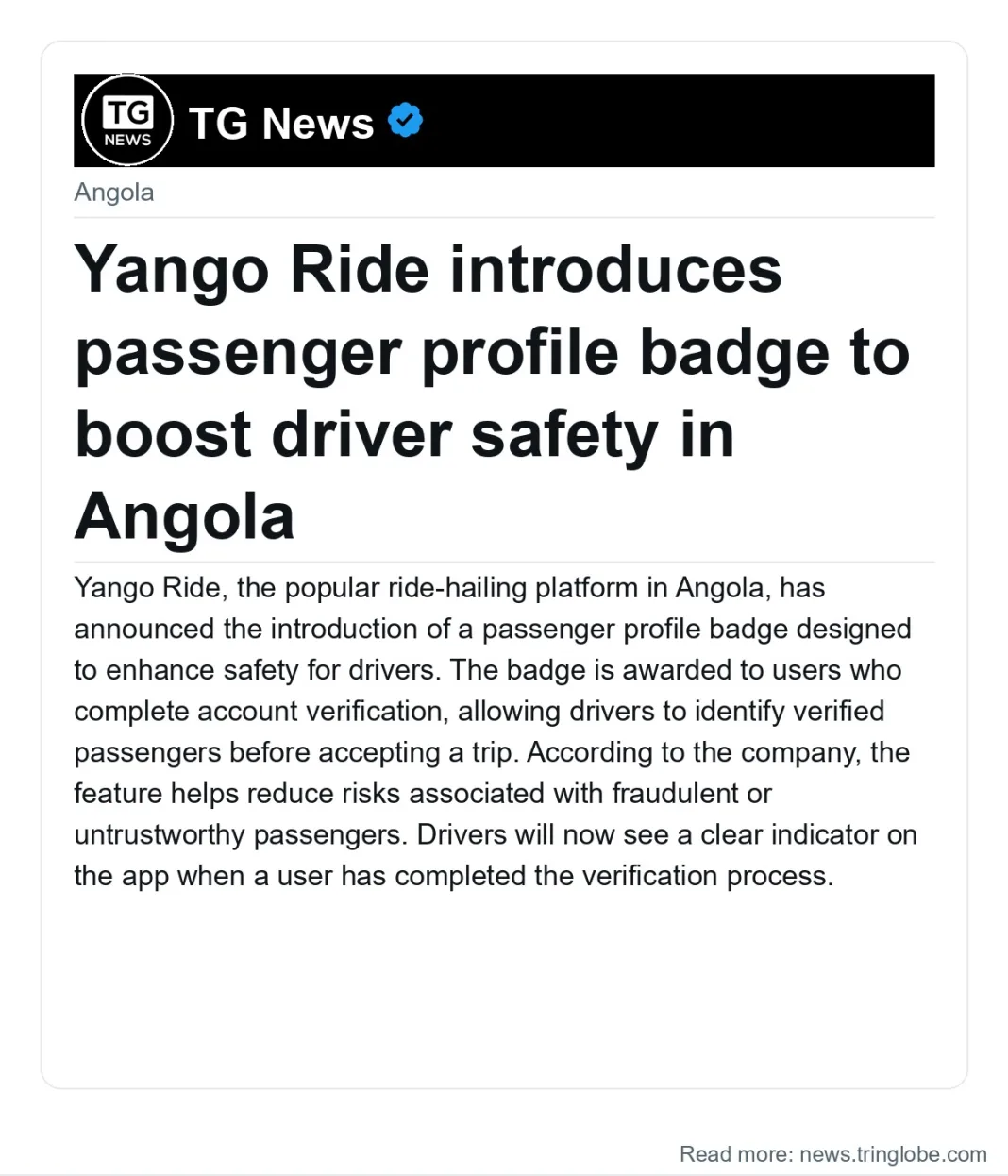 Yango Ride introduces passenger profile badge to boost driver safety in Angola