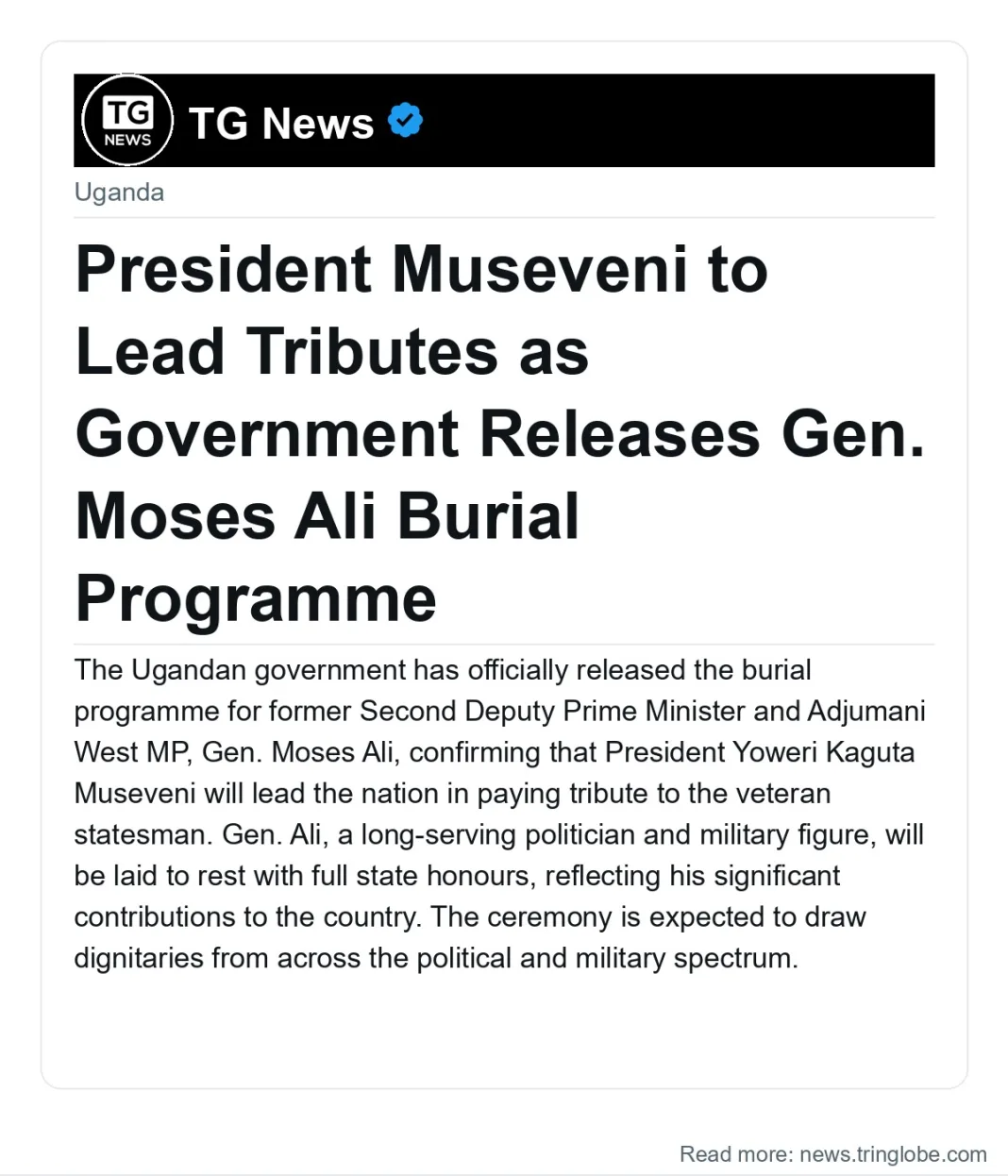 President Museveni to Lead Tributes as Government Releases Gen. Moses Ali Burial Programme