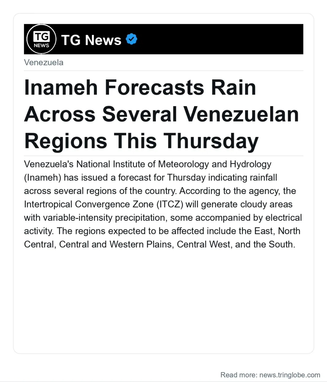 Inameh Forecasts Rain Across Several Venezuelan Regions This Thursday