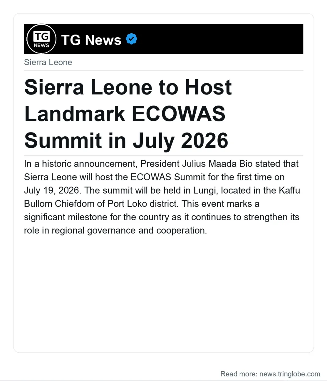 Sierra Leone to Host Landmark ECOWAS Summit in July 2026